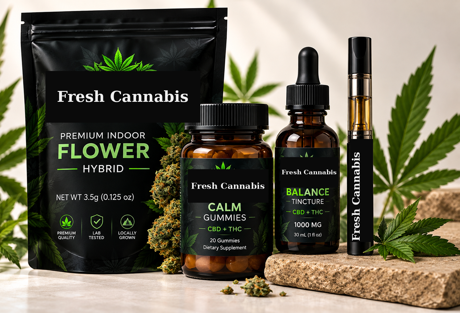 Fresh Cannabis premium cannabis lineup including flower, gummies, tincture and vape